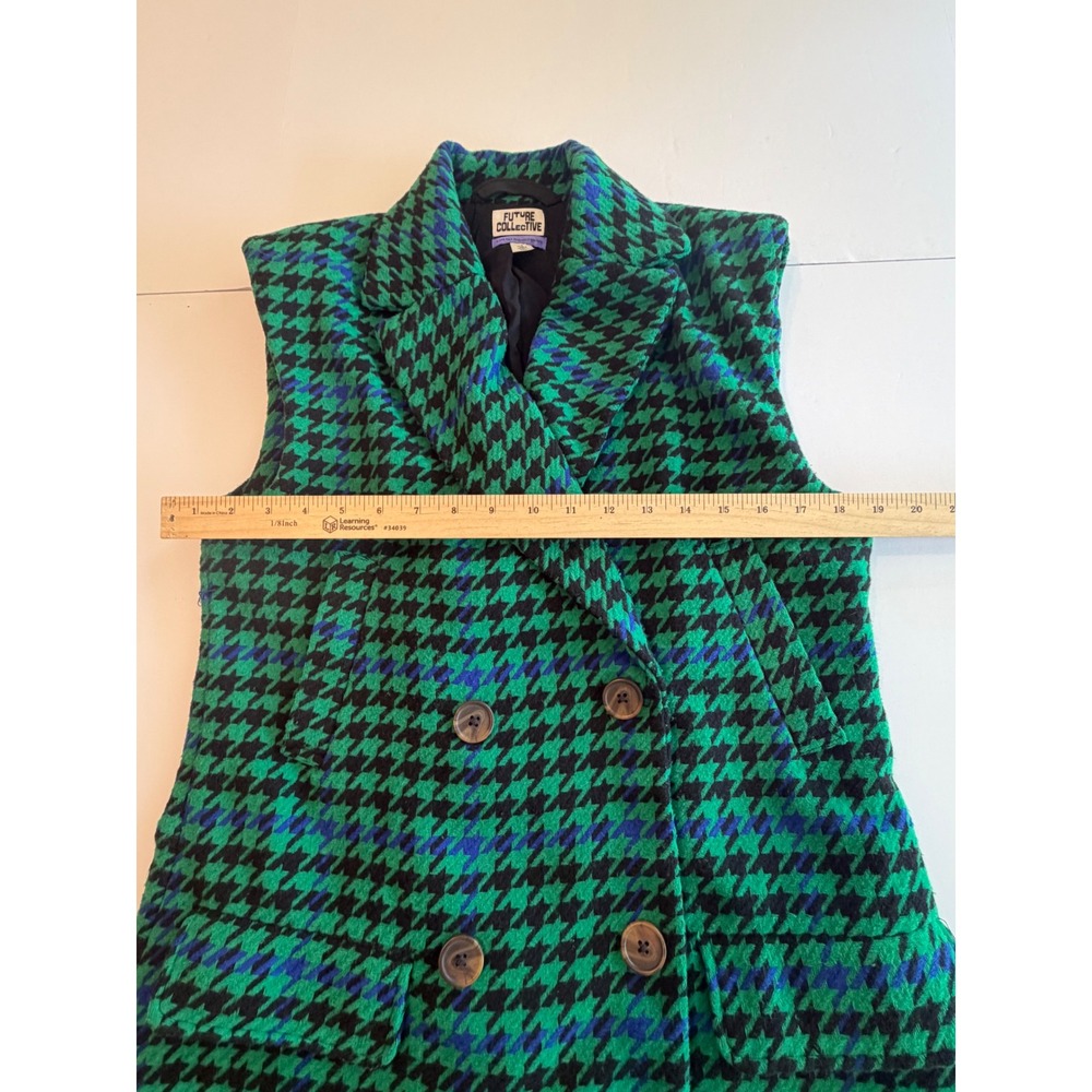 Future Collective Green Blue Houndstooth Longline Vest Double Breasted S - Picture 9 of 9